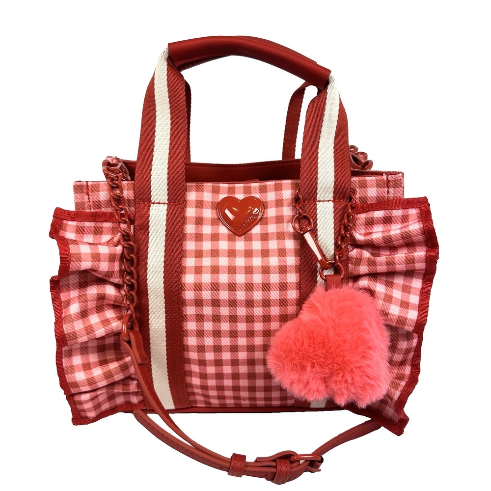 Betsey Johnson Pink Red Gingham LB Ruffle Tote Bag Heart Charm Crossbody NWT